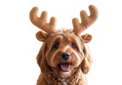 A happy dog wearing reindeer antlers, isolated on transparent background