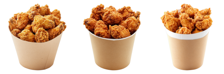 Crispy fried chicken pieces in three paper cups