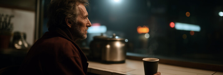 A thoughtful man enjoying a warm cup of coffee in a cozy café setting, lost in contemplation while atmospheric city lights illuminate the room behind him.