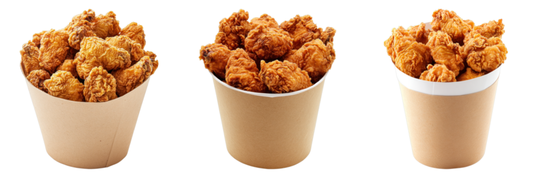 Crispy fried chicken pieces in three paper cups