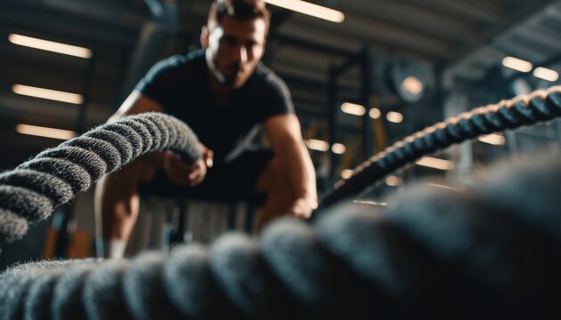 Sport Motivation: Young Athlete Engages In Battle Ropes Exercise At Crossfit Gym With Copy Space Available