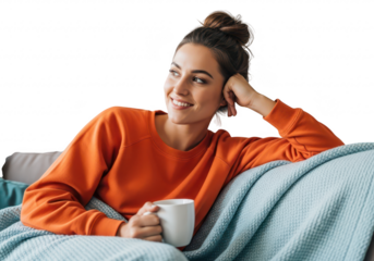 Young woman relaxing on a couch with a mug of coffee, looking away and smiling isolated on transparent background