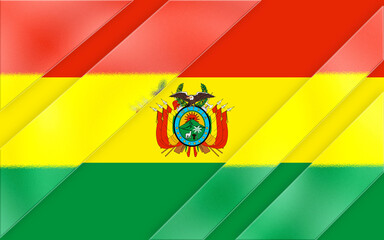 Graphical rendering presents the Bolivia flag using diagonal bands of red, yellow, and green, incorporating the coat of arms with digital art finish and highlighting national symbolism.