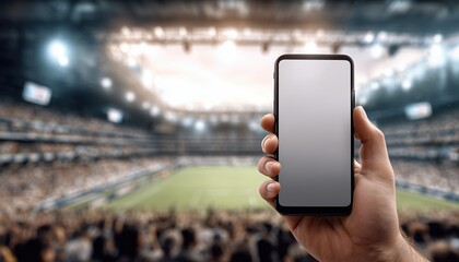 Man Holding Smartphone With Blank Screen In Soccer Stadium, Showcasing Blurred Audience And Field. Ideal For Sports Apps Emphasizing Live Updates, Betting, And Game Analytics.