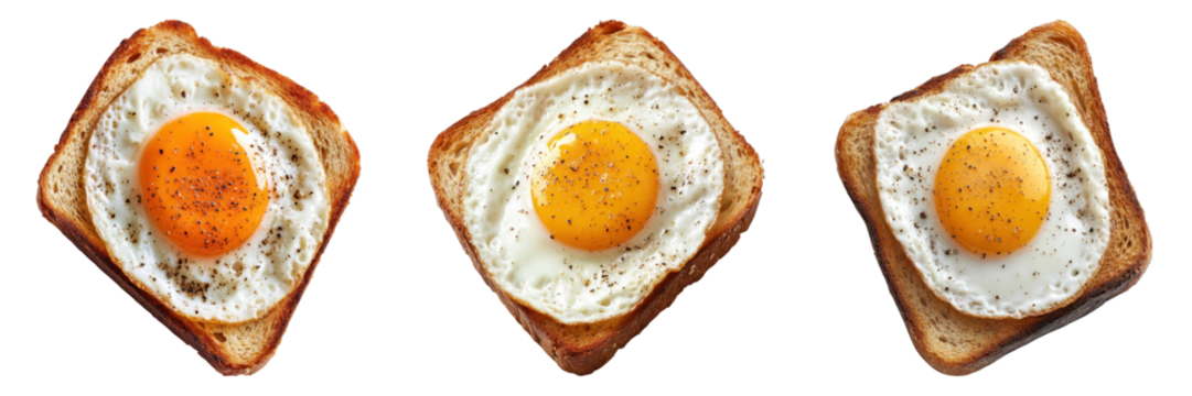 Three appetizing sunny-side-up eggs on toasted bread, a simple yet delicious breakfast scene. Each egg has a golden yolk, perfectly cooked atop lightly browned toast. 