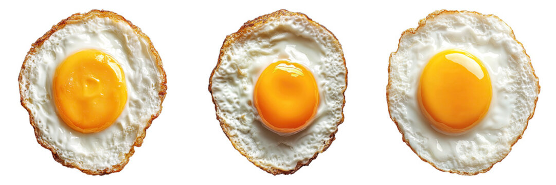 Three perfectly cooked fried eggs. Each egg features a golden yolk surrounded by a crispy white - Powered by Adobe