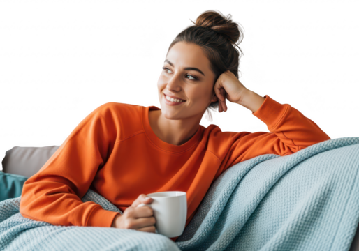 Young woman relaxing on a couch with a mug of coffee, looking away and smiling isolated on transparent background