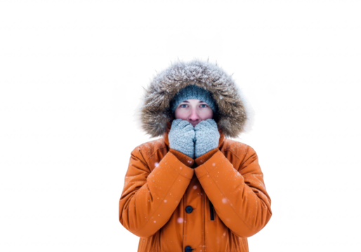 Woman in orange winter parka with fur hood, wearing gloves and hat, looking cold isolated on transparent background
