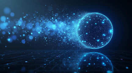 Fototapeta premium Luminous digital sphere dissolving into glowing particles with reflective surface and futuristic blue light effects