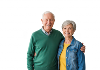 Happy senior couple smiling and embracing, isolated on transparent background
