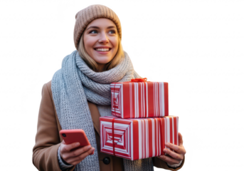 Smiling woman holding gift boxes and a smartphone, isolated on transparent background