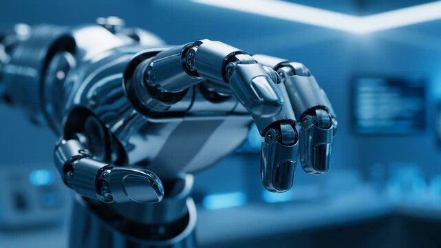 Chrome Robot Hand Extending - A close up shot shows a chrome robot arm and hand extending out in an indoor setting. The background is blurred and features blue lighting.