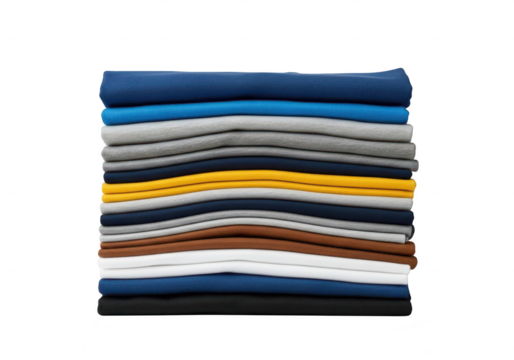 Neatly stacked pile of folded fabric textiles in various colors, isolated on transparent background