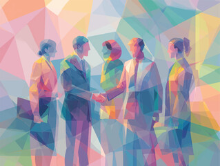 Geometric Business Meeting Illustration with Handshake and Diverse Team Members