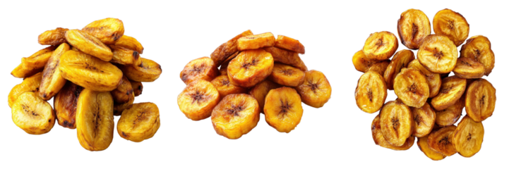 Three piles of dried banana slices arranged creatively