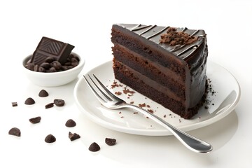 Decadent Chocolate Layer Cake Slice Isolated on White Background