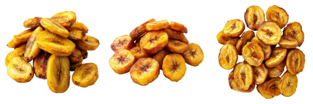 Three piles of dried banana slices arranged creatively