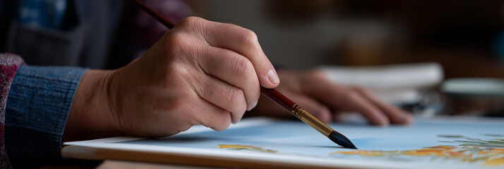 A close-up of a hand delicately holding a paintbrush as it applies vibrant colors to a canvas, showcasing the beauty of artistic expression and creativity in the moment.