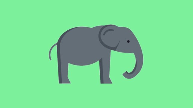Cute animated elephant icon walking and trumpeting on a vibrant green background perfect for presentations and educational content