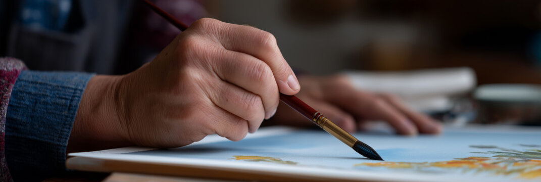 A close-up of a hand delicately holding a paintbrush as it applies vibrant colors to a canvas, showcasing the beauty of artistic expression and creativity in the moment.