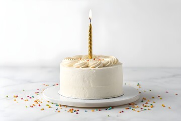 Minimalist White Birthday Cake with One Lit Candle
