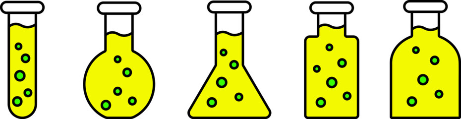 Yellow chemical flasks with green bubbles