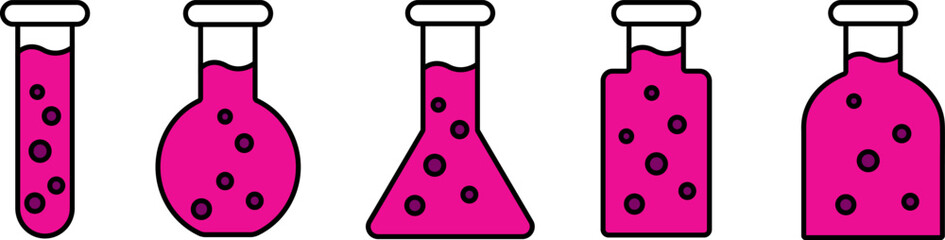 Flasks with pink liquid and purple bubbles