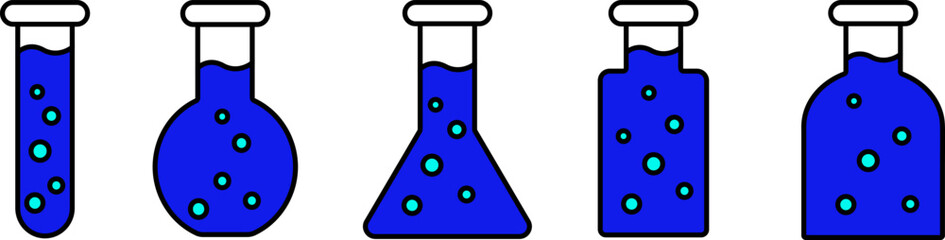 Flasks with blue liquid and neon light blue bubbles