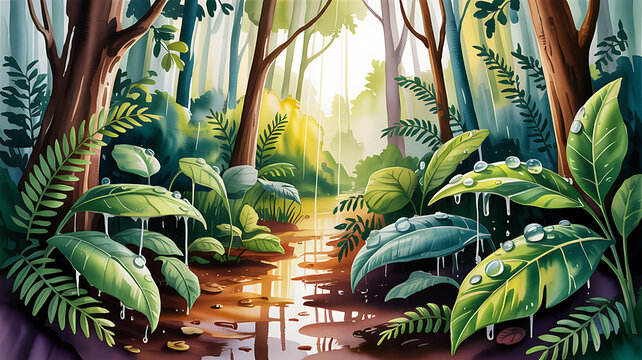Lush green forest with rain falling on large leaves and a reflective puddle water drops