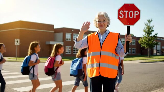 School Crossing Guard Helping Children - An elderly crossing guard in a bright orange safety vest and holding a stop sign is helping children cross the street in front of their school.