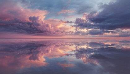 Fototapeta premium Dramatic Skies And Pink Clouds: Abstract Natural Patterns In The Baltic Sea After The Rain With Symmetrical Water Reflections
