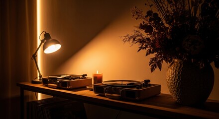 Two vintage turntables on a wooden console. Atmospheric home interior with warm ambient lighting. Analog music hobby for relaxation. Nostalgic lifestyle and hygge decor concept