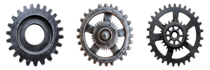 Three metallic gears, each a marvel of mechanical design, are arranged in a row, showcasing their intricate forms