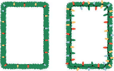 Christmas garland, holiday lights, festive frame, colorful bulbs, seasonal border, pine decoration, celebration design, glowing ornament, vector art, winter theme