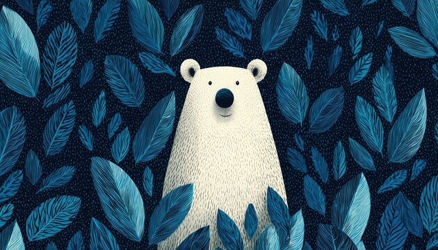 Polar Bear Teddy In Forest: Leafy Plant Doodle Pattern Wallpaper Featuring A Cute Bear In Natural Habitat. Ideal For Decorating Spaces.
