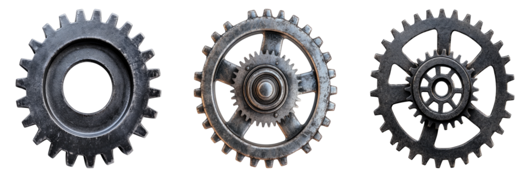 Three metallic gears, each a marvel of mechanical design, are arranged in a row, showcasing their intricate forms