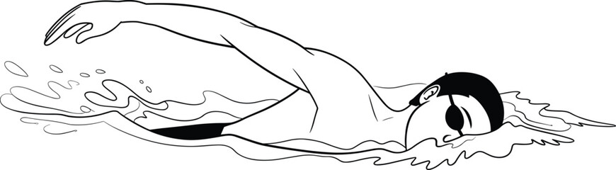 Freestyle swimmer line drawing, black and white sketch, swimming technique illustration, aquatic sport vector, water splash art, athlete clipart