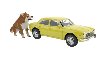Brown and white dog standing next to a yellow vintage car isolated on transparent background