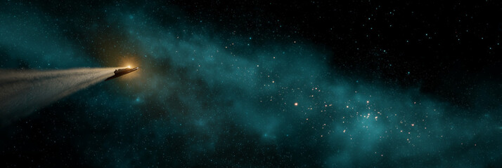 A stunning visual representation of a spacecraft traveling through a vibrant cosmic nebula, symbolizing the vastness and beauty of outer space exploration and discovery.