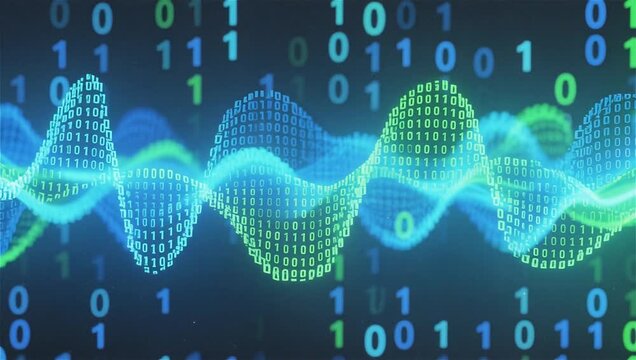 Abstract 3D binary code wave made of glowing blue and green dots flowing across dark background. Concept of digital data transmission, coding algorithm, and futuristic network signal.