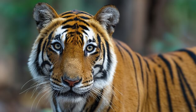 Close-Up Portrait Of A Wild Male Bengal Tiger In The Outdoor Wildlife Jungle Safari Of Central India: Panthera Tigris Tigris Asia Forest.