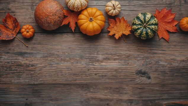 Harvested Bounty. A Collection of Curcubits and Autumn Leaves on Rustic Wood.