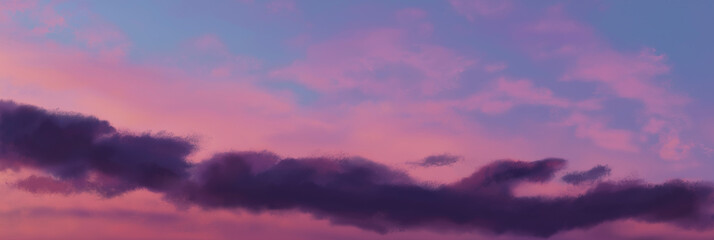 Obraz premium A breathtaking sunset displaying a vibrant palette of pinks and purples, scattered with clouds, evoking feelings of nostalgia and tranquility as day turns to night.