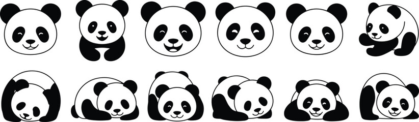 Cartoon panda icons, cute animal expressions, vector illustration, black white contrast, playful poses, character design, panda heads, full-body figures © Mst