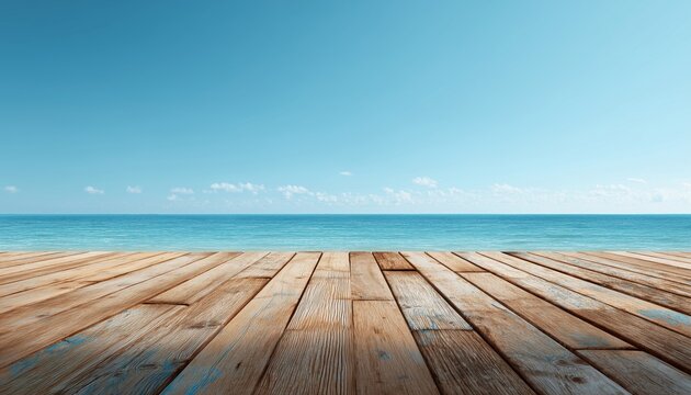Stunning Blue Sky Scenery Reflected On Wooden Floor Of Outdoor Beach Sea, Featuring Wooden Table And Wood Pier.