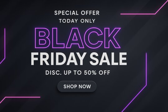 Black Friday sale banner with neon purple text and dark background offering fifty percent discount special promotion for shopping marketing and ecommerce advertising