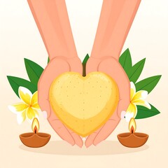 Cartoon depiction of hands holding a heart, flanked by flowers