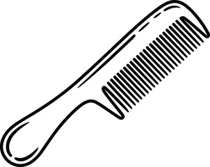 Comb illustration, hair grooming, black and white, personal care, curved handle, line drawing, beauty tool, hygiene item, vector sketch