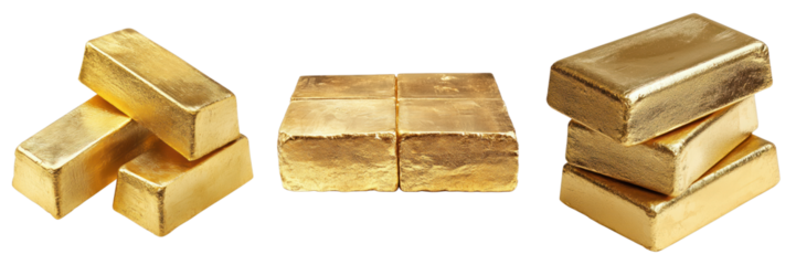 A collection of gold bars arranged in three different groups, gleaming with wealth and value