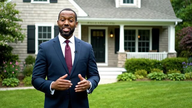 Real Estate Agent in Front of Home - An African American real estate agent stands confidently in front of a well-maintained home.